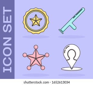 Setzen Sie Kartenmarkierung mit einer Silhouette einer Person, Polizei-Badge, Hexagram Sheriff und Polizei Gummi-Baton-Symbol. Vektorillustration