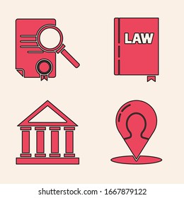 Set Map marker with a silhouette of a person, Document with search, Law book and Courthouse building icon. Vector