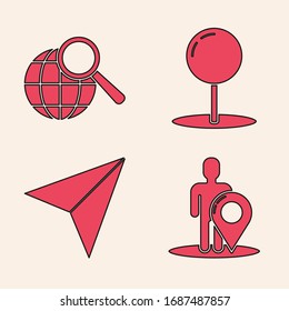 Set Map marker with a silhouette of a person, Magnifying glass with globe, Push pin and Paper airplane icon. Vector