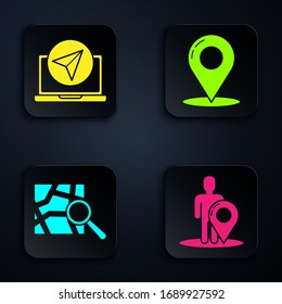 Set Map marker with a silhouette of a person, Infographic of city map navigation, Folded map with location marker and Map pin. Black square button. Vector