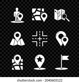Set Map marker with a silhouette of a person, Folded map location, pointer star, Flag,  and Road traffic sign icon. Vector