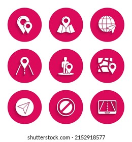 Set Map marker with a silhouette of a person, Stop sign, Infographic city map navigation, Folded location, Paper airplane, Road traffic, Location the globe and pin icon. Vector