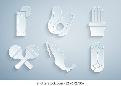 Set Map of mexican, Cactus or succulent in pot, Maracas, Burrito, Avocado fruit and Tequila glass with lemon icon. Vector