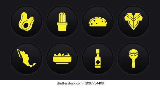 Set Map of mexican, Poncho, Nachos in bowl, Tabasco sauce, Taco with tortilla, Cactus succulent pot, Maracas and Avocado fruit icon. Vector