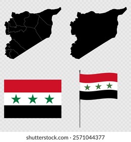 Set of map and new flag and flagpole of Syria. Vector illustration.