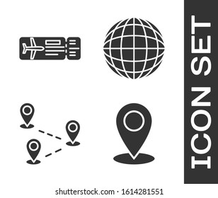 Set Map pin, Airline ticket, Route location and Earth globe icon. Vector