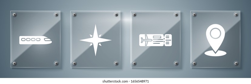 Set Map pin, Airline ticket, Wind rose and Train. Square glass panels. Vector