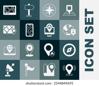 Set Map pin, Compass, Location on the globe, Wind rose, City map navigation, Gps device with,  and Monitor location icon. Vector