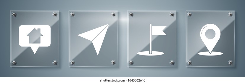Set Map pin, Flag, Paper airplane and Map pointer with house. Square glass panels. Vector