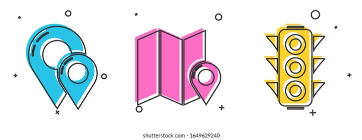 Set Map pin, Folded map with location marker and Traffic light icon. Vector