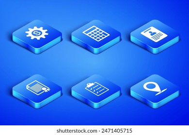 Set Map pin, Gear with dollar symbol, Clipboard checklist, Certificate template, Calculator and Identification badge icon. Vector