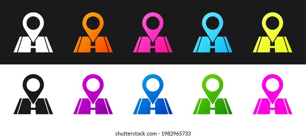 Set Map pin icon isolated on black and white background. Navigation, pointer, location, map, gps, direction, place, compass, search concept.  Vector Illustration