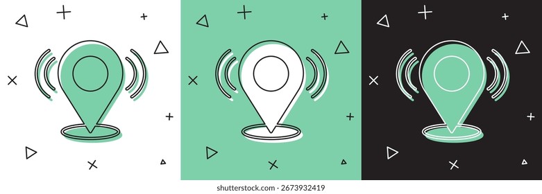 Set Map pin icon isolated on white and green, black background. Navigation, pointer, location, map, gps, direction, search concept.  Vector