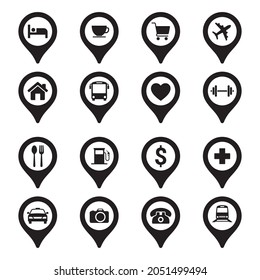 Set of map pin icon, restaurants, hospitals, supermarkets, telephones, stars, terminals, hotels, stations, bicycles, heart, camera house, airplane, .vector illustration