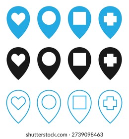Set of map pin icons featuring different symbols like heart, circle, square, and cross in various colors and styles