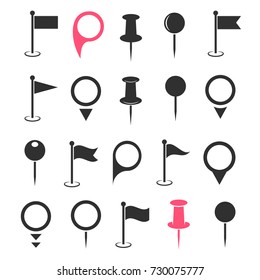 Set of map pin icons and location marker signs. Collection of high quality pictograms in modern flat style. Black map pin symbol for web design and mobile app on white background.Ve