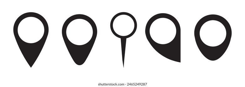 A set of map pin icons in various shapes. Location pointers. Editable vectors.