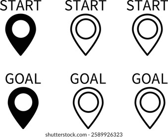 Set of map pin icons with the words start and finish
