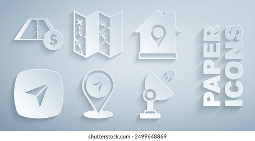 Set Map pin, Location with house, City map navigation, Radar, Folded and Toll road traffic icon. Vector