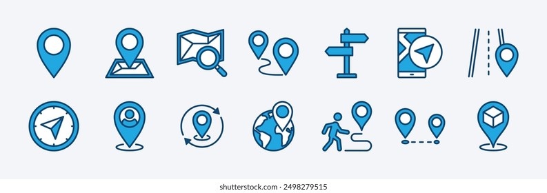Set of map pin location icon. Containing marker, direction, route, navigation, GPS, compass, distance, path, you are here, tracking, pointer, destination, positioning, street board vector illustration