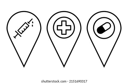 Set of map pin. Location icons. Modern map markers. Map pins pointing to the hospital, pharmacy. Location icons with syringe, pill and medical icon pointer. Vector illustration in doodle style.