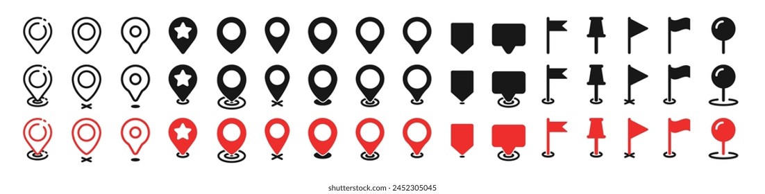 Conjunto de iconos de ubicación de pin de mapa. Marcadores de mapas modernos. Conjunto de iconos de marcador de mapa. COLECCIÓN del símbolo de ubicación GPS. Estilo plano