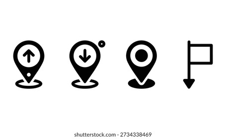Conjunto de ícones de localização de pinos de mapa, ponteiro GPS simples, sinais de viagem e destino. Ilustração vetorial.