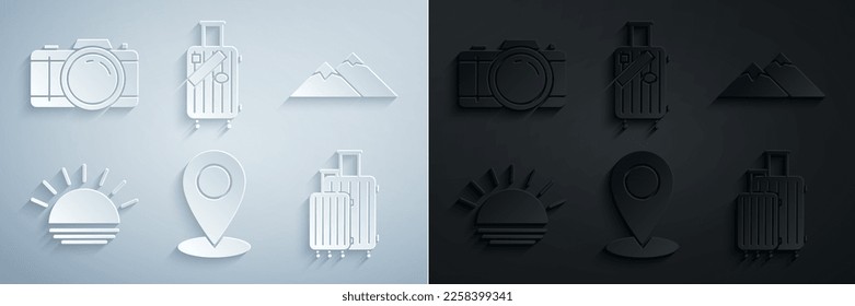 Set Map pin, Mountains, Sunset, Suitcase for travel, and stickers and Photo camera icon. Vector