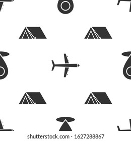 Set Map pin, Plane and Tourist tent on seamless pattern. Vector