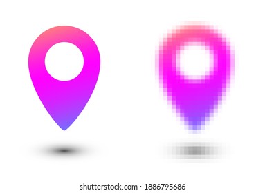 Set of map pin point icons. Location, marker symbol, sign. Violet gradient. Vector illustration.