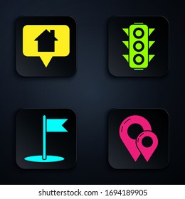 Set Map pin, Map pointer with house, Flag and Traffic light. Black square button. Vector