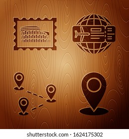 Set Map pin, Postal stamp and Coliseum, Route location and Airline ticket on wooden background. Vector