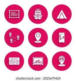 Set Map pin, Postal stamp and Egypt pyramids, pointer with, Infographic of city map navigation, Passport pages visa stamps, Route location, Tourist tent and Coliseum icon. Vector
