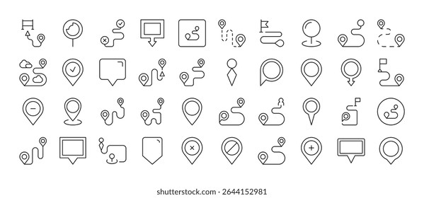 Conjunto de ícones de linha relacionada ao pino do mapa. Outline Signs para Gráficos e Web Design, Apps, Anúncios, Vários Cartões 