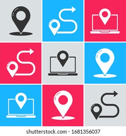 Set Map pin, Route location and Laptop with location marker icon. Vector