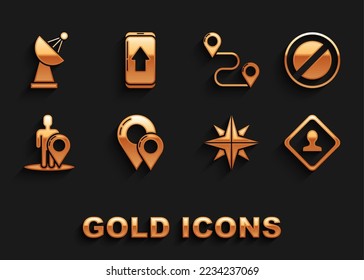 Set Map pin, Stop sign, Road traffic, Wind rose, marker with silhouette of person, Route location, Radar and Infographic city map navigation icon. Vector