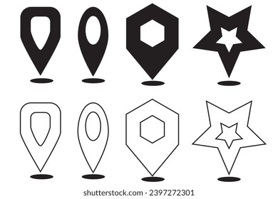 Set of map pin symbols and geometric formats, rectangle, oval, hexagon and star .Black check-in point mark and outline on white background.