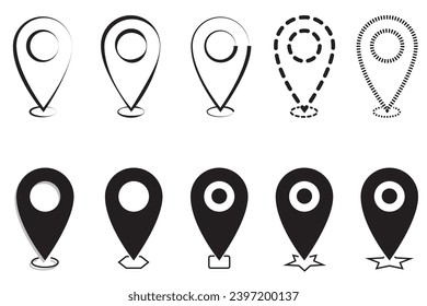 Set von Pin-Symbolen und vielen Formaten. Schwarze Check-in Punktmarke und Umriss auf weißem Hintergrund.