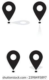 Conjunto de símbolos y sombras del pin del mapa. Marca de punto de protección negra y contorno sobre fondo blanco.