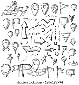 Conjunto de clavijas y flechas de mapa. Objetos aislados en un fondo blanco. Doodles de dibujos animados. Estilo dibujado a mano.