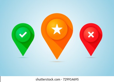 Set of map pins with check, cross and star signs. Vector illustration