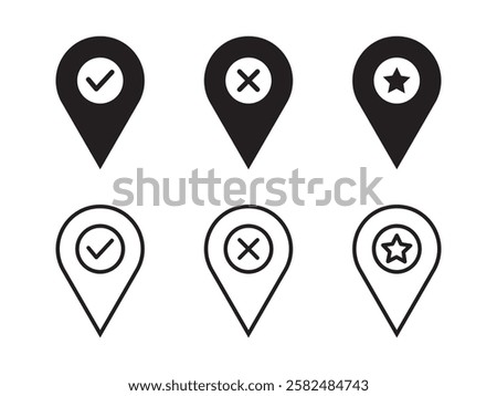 Set of map pins with check, cross and star signs. location pin place marker. Location icon. Map marker pointer icon set. Modern map markers. Pin icon vector.