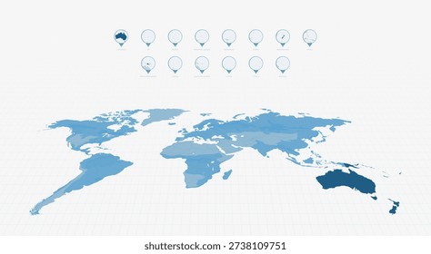 Set of Map Pins with Detailed Oceanian Countries Map. Detailed Blue World Map Background.