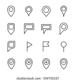 Set of map pins management in modern thin line style. High quality black outline pin symbols for web site design and mobile apps. Simple business map pins pictograms on a white background.