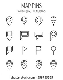 Set of map pins management in modern thin line style. High quality black outline pin symbols for web site design and mobile apps. Simple business map pins pictograms on a white background.