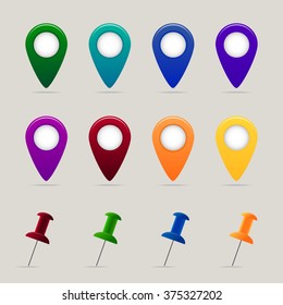 Set of map pins and markers on grey background. Vector illustration