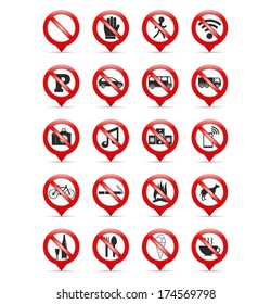 Set of map pins with prohibition signs, vector eps10 illustration
