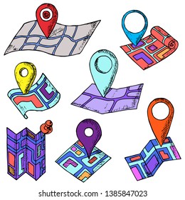 Set of map pins. Vector cartoon illustrations. Isolated objects on a white background. Hand-drawn style. Location designation.