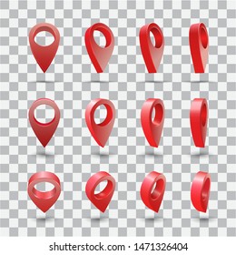 Set Map pointer 3d pin red at different angles on transparent background. Location symbols vector set isolated on white background. Web location point, pointer 3d arrow mark illustration