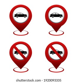 Set of map pointer with car icon.  Car location. No car sign. IIlustration vector